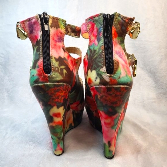 Mona Mia Emelian Multi Black Floral Open Front Strap Wedge Sizes - Picture 4 of 8